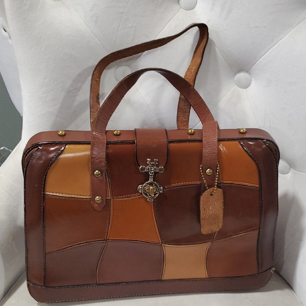 Vtg Burlington Elegant Leather Patchwork Satchel … - image 2